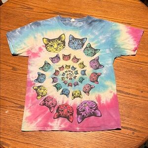 Spiral Trippy Cats Fruit of the Loom Blue Tie-Dye T-Shirt 100% Cotton Small